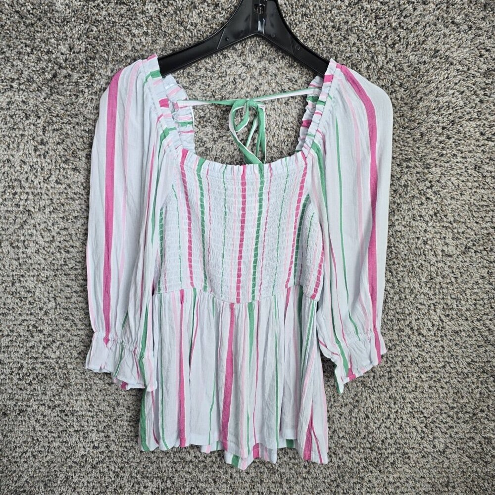 Crown & Ivy Top Womens Small Pink Green‎ Striped Smocked Blouse Casual Ladies